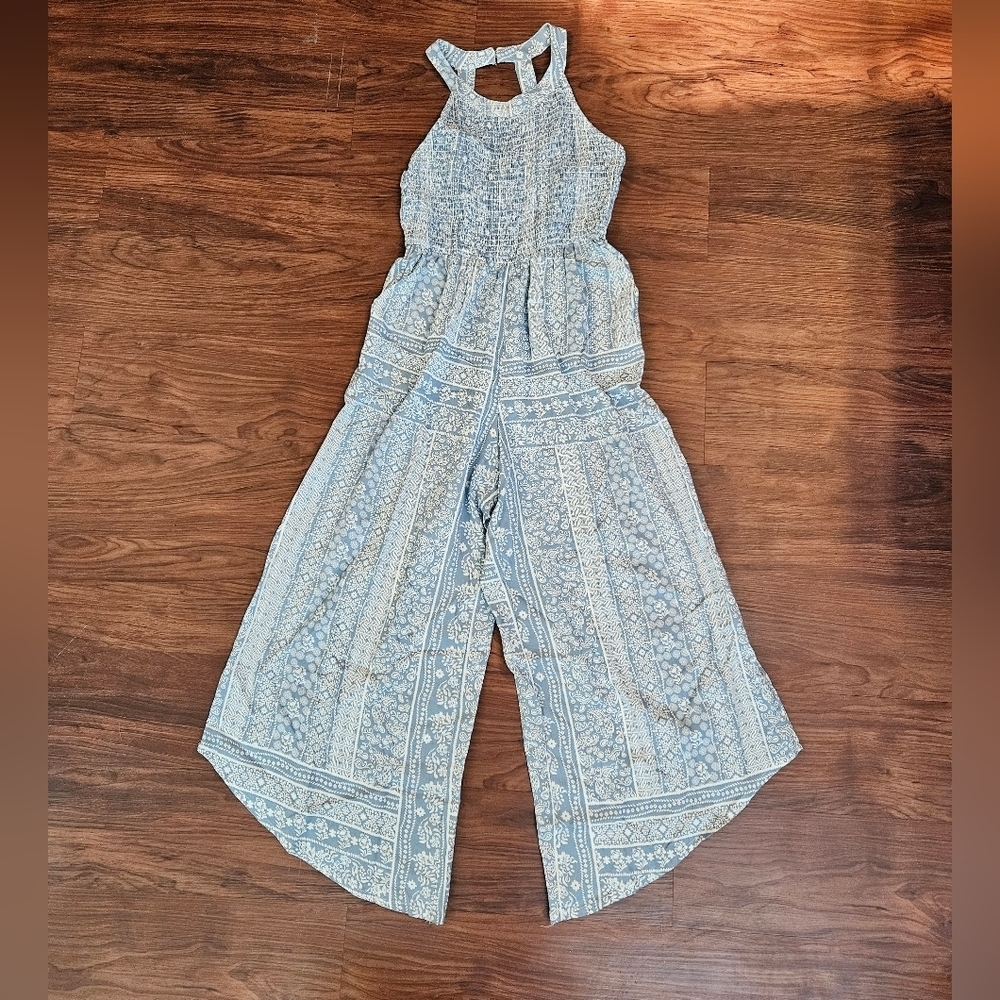 Boho Halter Wide Leg Jumpsuit XS Light Blue Paisley
